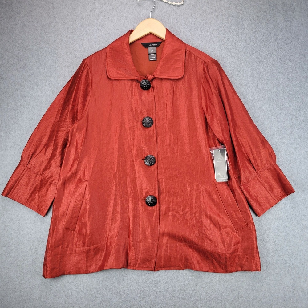 Ali Miles Button Front Jacket Womens M Spice Orange Shimmer 3/4 Sleeve NEW
